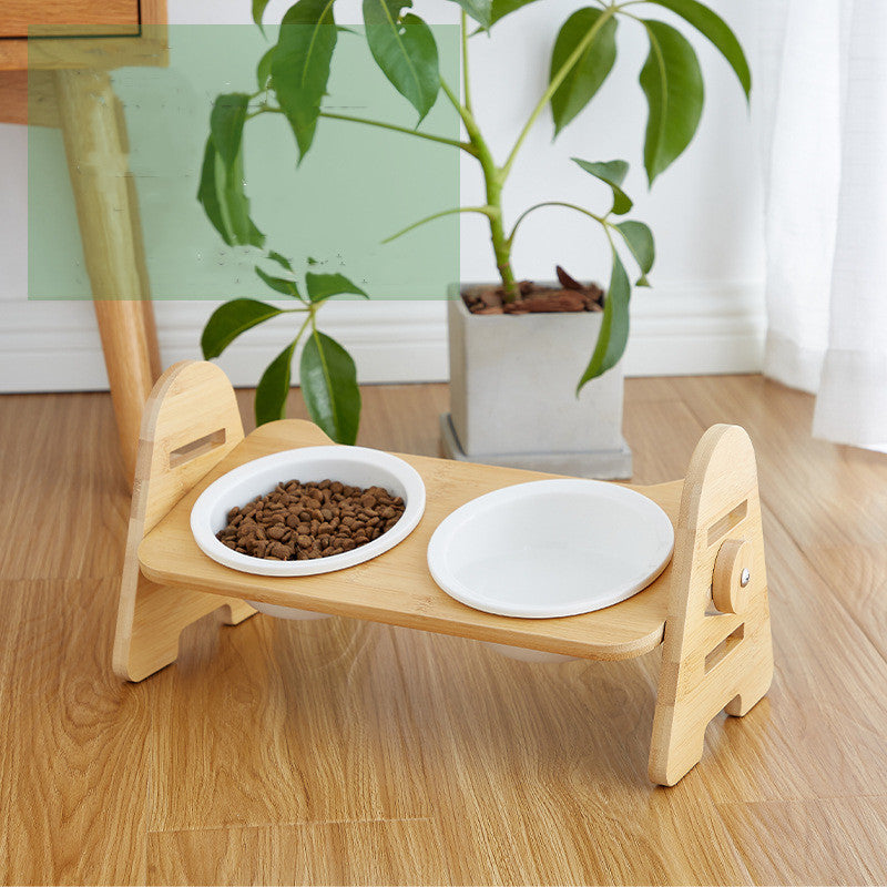 Cat Bowl Solid Wood Ceramic Double Bowl Oblique Mouth Pet Bowl Protecting Cervical Spine Cat Food Bowl Cat Food Bowl