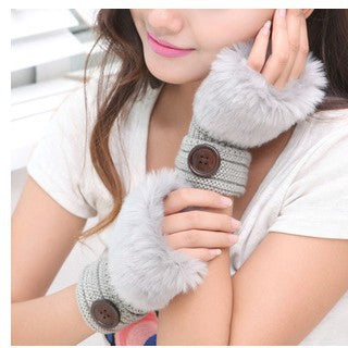 Faux rabbit fur warm fingerless wool winter knitted gloves women