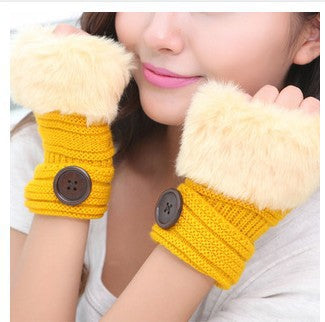Faux rabbit fur warm fingerless wool winter knitted gloves women