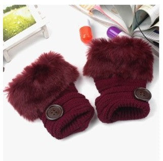 Faux rabbit fur warm fingerless wool winter knitted gloves women