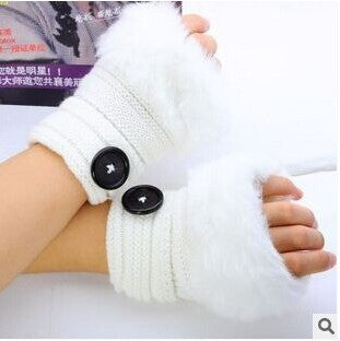 Faux rabbit fur warm fingerless wool winter knitted gloves women